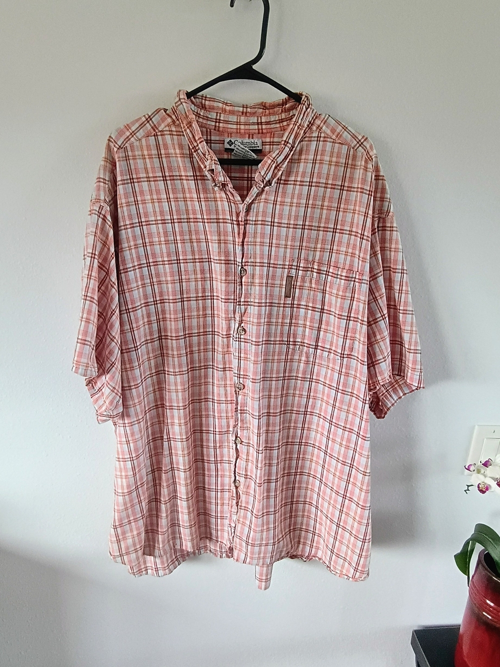 Columbia 4XB Big Tall Plaid Button Up Shirt Peach Brown Outdoor Cotton Top